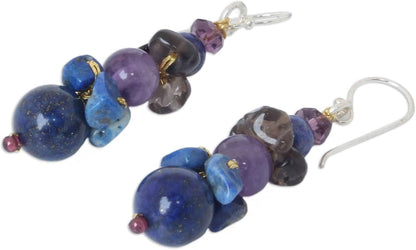 Artisan Handcrafted Lapis Lazuli Amethyst Beaded Earrings | Quartz Earrings Dangling | Multicolor Long Earrings | Natural Gemstone Earrings | Chalcedony Earrings for Women | Thailand