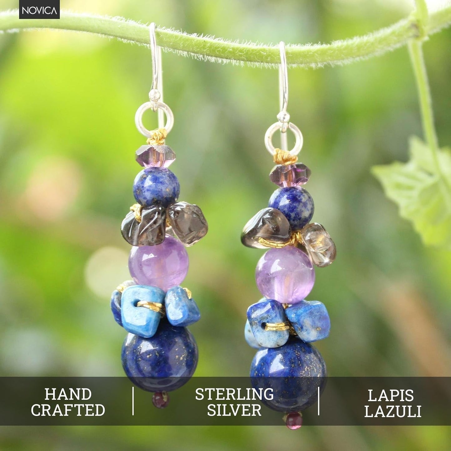 Artisan Handcrafted Lapis Lazuli Amethyst Beaded Earrings | Quartz Earrings Dangling | Multicolor Long Earrings | Natural Gemstone Earrings | Chalcedony Earrings for Women | Thailand - WORLD TIME VISITS