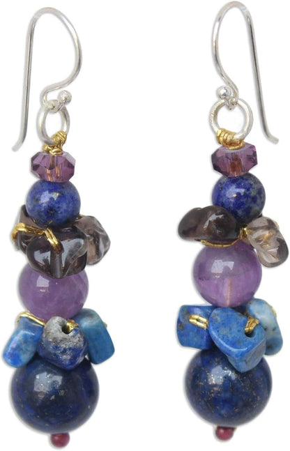 Artisan Handcrafted Lapis Lazuli Amethyst Beaded Earrings | Quartz Earrings Dangling | Multicolor Long Earrings | Natural Gemstone Earrings | Chalcedony Earrings for Women | Thailand - WORLD TIME VISITS