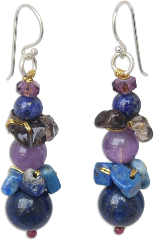 Artisan Handcrafted Lapis Lazuli Amethyst Beaded Earrings | Quartz Earrings Dangling | Multicolor Long Earrings | Natural Gemstone Earrings | Chalcedony Earrings for Women | Thailand - WORLD TIME VISITS