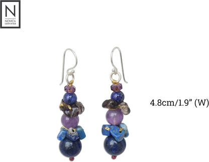 Artisan Handcrafted Lapis Lazuli Amethyst Beaded Earrings | Quartz Earrings Dangling | Multicolor Long Earrings | Natural Gemstone Earrings | Chalcedony Earrings for Women | Thailand
