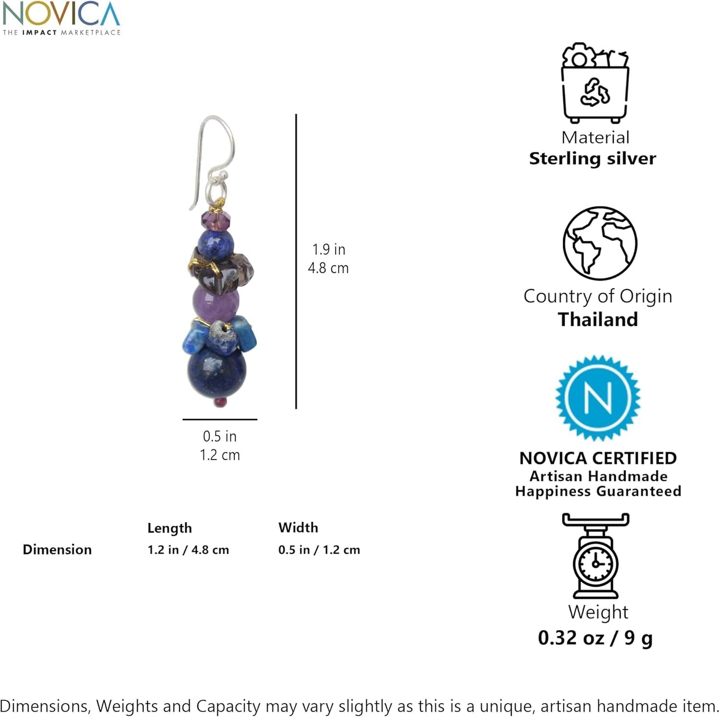 Artisan Handcrafted Lapis Lazuli Amethyst Beaded Earrings | Quartz Earrings Dangling | Multicolor Long Earrings | Natural Gemstone Earrings | Chalcedony Earrings for Women | Thailand