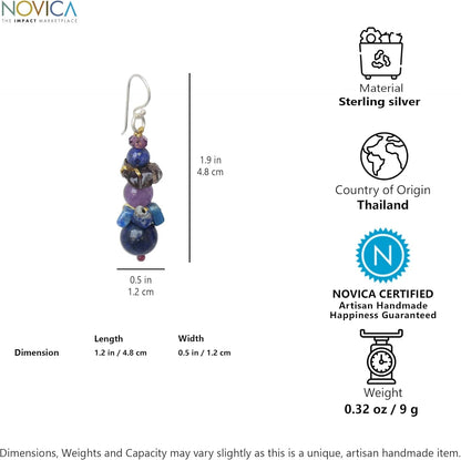 Artisan Handcrafted Lapis Lazuli Amethyst Beaded Earrings | Quartz Earrings Dangling | Multicolor Long Earrings | Natural Gemstone Earrings | Chalcedony Earrings for Women | Thailand