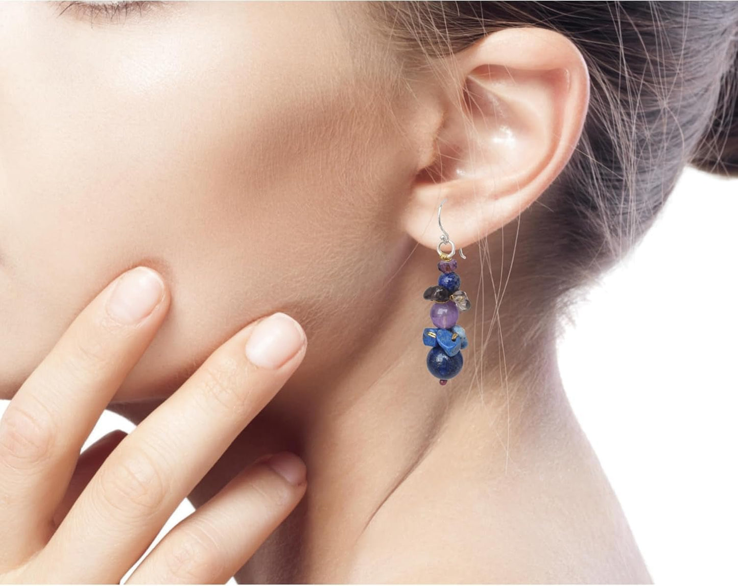 Artisan Handcrafted Lapis Lazuli Amethyst Beaded Earrings | Quartz Earrings Dangling | Multicolor Long Earrings | Natural Gemstone Earrings | Chalcedony Earrings for Women | Thailand