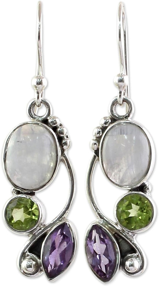Artisan Handcrafted Multigemstone Dangle Earrings | .925 Sterling Silver Handmade Dangle Earrings | Rainbow Moonstone Clear Green Multicolor Purple Dangle Earring | Natural Glamour Themed - WORLD TIME VISITS
