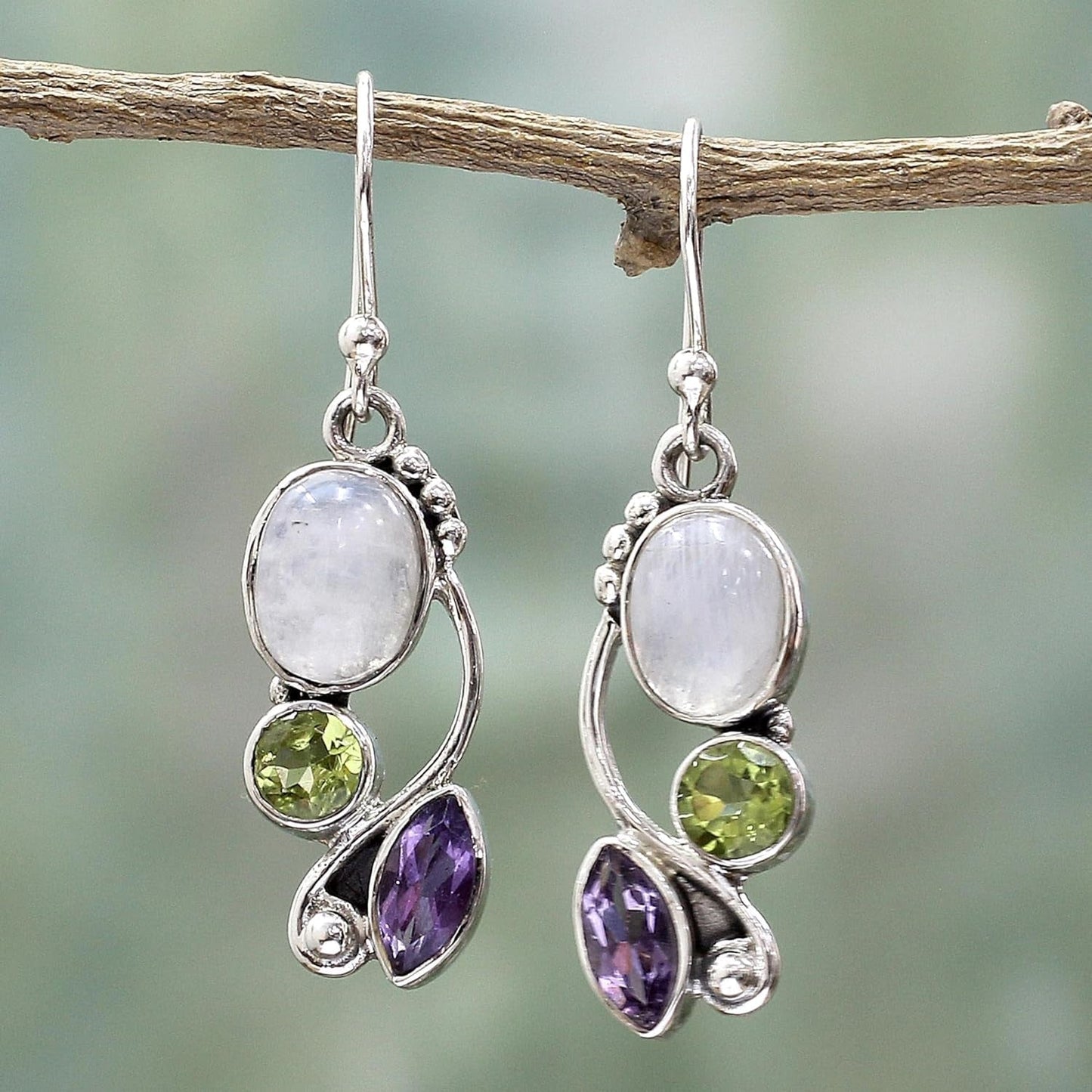 Artisan Handcrafted Multigemstone Dangle Earrings | .925 Sterling Silver Handmade Dangle Earrings | Rainbow Moonstone Clear Green Multicolor Purple Dangle Earring | Natural Glamour Themed - WORLD TIME VISITS