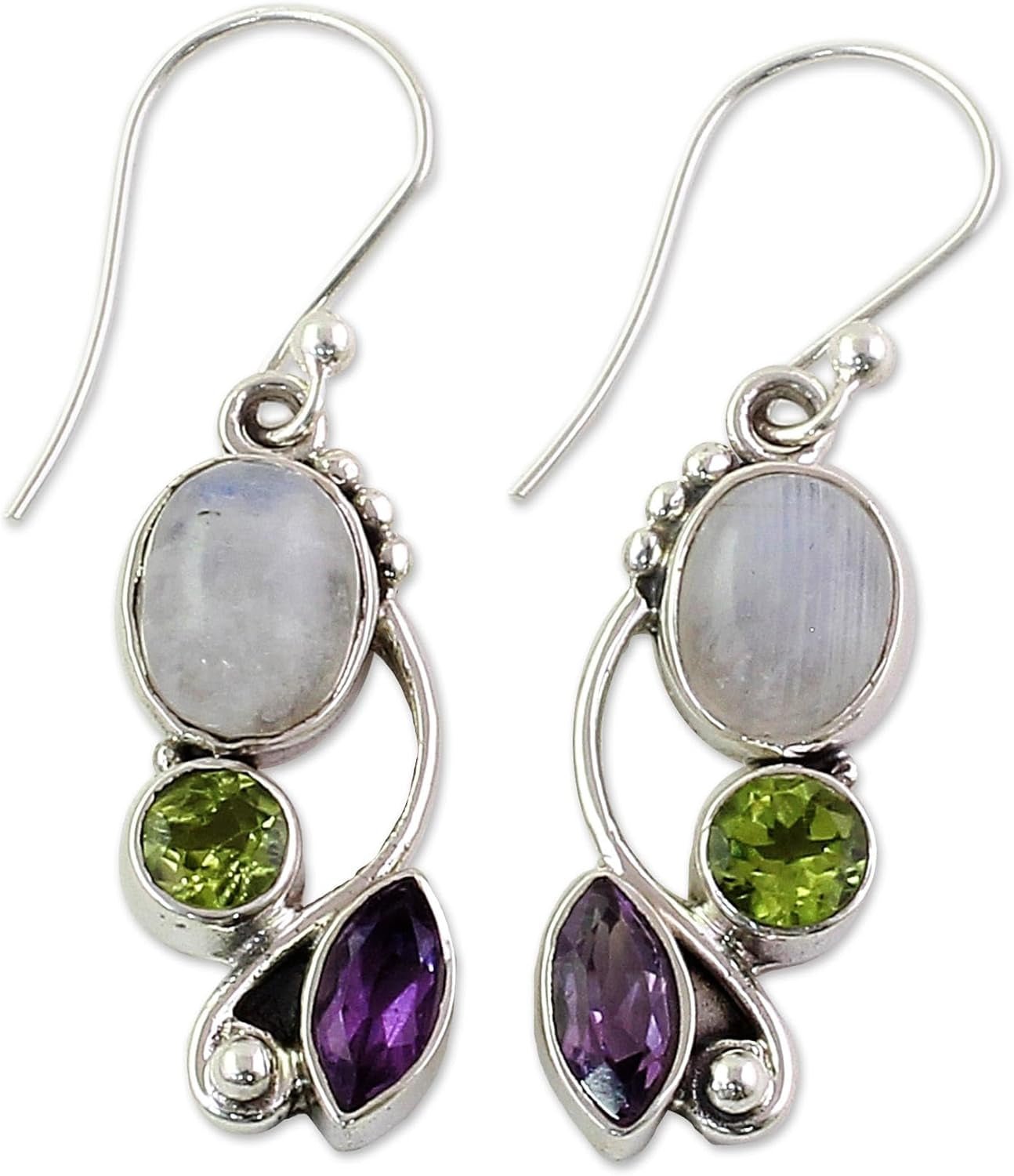 Artisan Handcrafted Multigemstone Dangle Earrings | .925 Sterling Silver Handmade Dangle Earrings | Rainbow Moonstone Clear Green Multicolor Purple Dangle Earring | Natural Glamour Themed