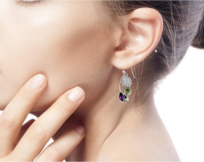 Artisan Handcrafted Multigemstone Dangle Earrings | .925 Sterling Silver Handmade Dangle Earrings | Rainbow Moonstone Clear Green Multicolor Purple Dangle Earring | Natural Glamour Themed