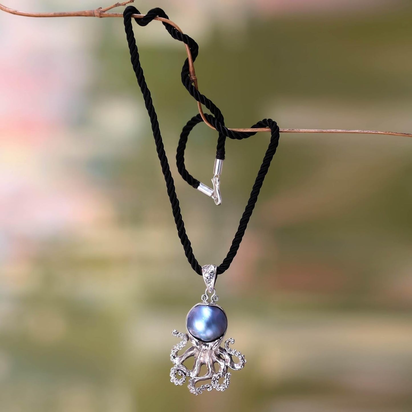 Artisan Handmade Cultured Freshwater Pearl Pendant Necklace .925 Sterling Silver on Silk Dyed Blue Cord Indonesia Animal Themed Birthstone 'Blue Octopus' - WORLD TIME VISITS