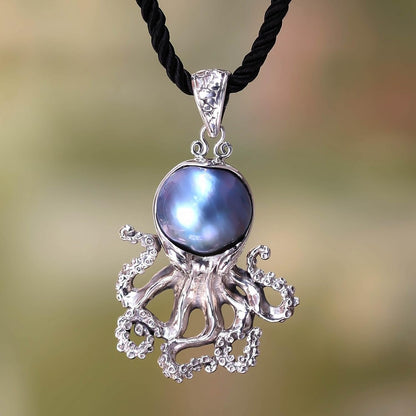Artisan Handmade Cultured Freshwater Pearl Pendant Necklace .925 Sterling Silver on Silk Dyed Blue Cord Indonesia Animal Themed Birthstone 'Blue Octopus'