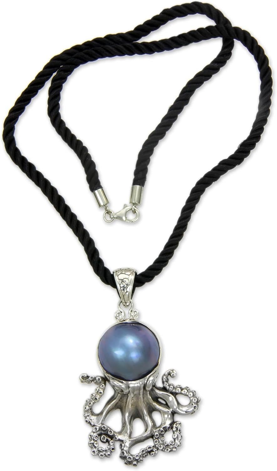 Artisan Handmade Cultured Freshwater Pearl Pendant Necklace .925 Sterling Silver on Silk Dyed Blue Cord Indonesia Animal Themed Birthstone 'Blue Octopus' - WORLD TIME VISITS