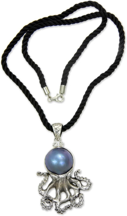 Artisan Handmade Cultured Freshwater Pearl Pendant Necklace .925 Sterling Silver on Silk Dyed Blue Cord Indonesia Animal Themed Birthstone 'Blue Octopus' - WORLD TIME VISITS