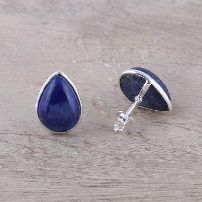 Artisan Handmade Jewelry Teardrop Earrings | Lapis Lazuli Button Earrings | .925 Sterling Silver Teardrop Earrings from India | Crafted by Hand Birthstone Gemstone Earrings 'Mystic Tears'