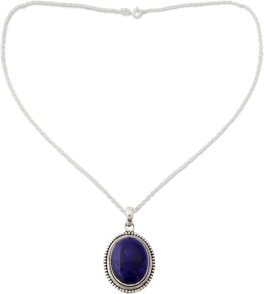 Artisan Handmade Lapis Lazuli Pendant Necklace on Artisan Crafted 925 Silver Sterling Blue India Snorkel Birthstone [18 in L 2 Mm W Pendant(S) 1.4 in L X 0.8 in W X 0.3 in D] ' True Clarity' - WORLD TIME VISITS