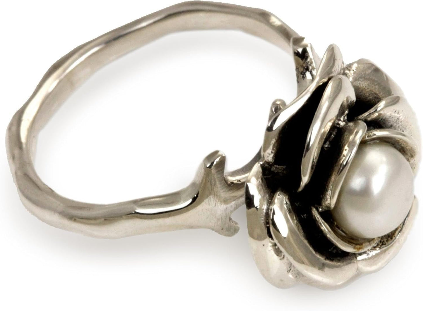Artisan Handmade Pearl Flower Ring Crafted Sterling Silver White Single Stone Indonesia Floral Birthstone Peace [Crownbezel 0.4 in H X 0.6 in Diam. Band Width 2 Mm W] ' White Rose' - WORLD TIME VISITS