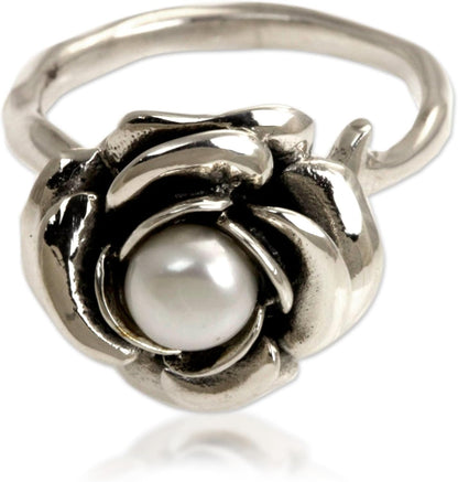 Artisan Handmade Pearl Flower Ring Crafted Sterling Silver White Single Stone Indonesia Floral Birthstone Peace [Crownbezel 0.4 in H X 0.6 in Diam. Band Width 2 Mm W] ' White Rose' - WORLD TIME VISITS