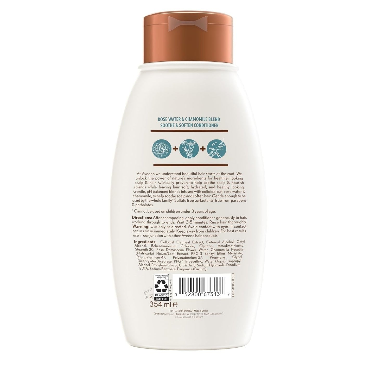 Aveeno Rose Water & Chamomile Blend Sulfate-Free Conditioner with Colloidal Oat for Dry Sensitive Scalp, Gentle Cleansing Conditioner for Fine, Fragile Hair, Paraben & Dye-Free, 12 Fl Oz