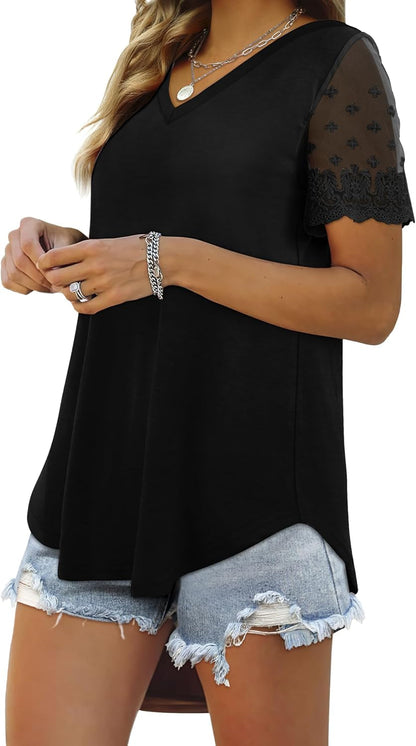 Casual V Neck T Shirts for Women Lace Short Sleeve Curved Hem Tops Loose Fit