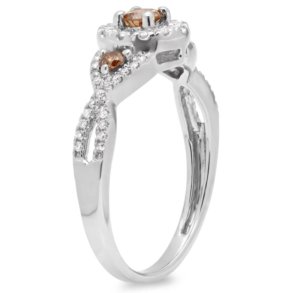 0.50 Carat (Ctw) 10K Gold round Champagne & White Diamond 3 Stone Halo Bridal Engagement Ring 1/2 CT