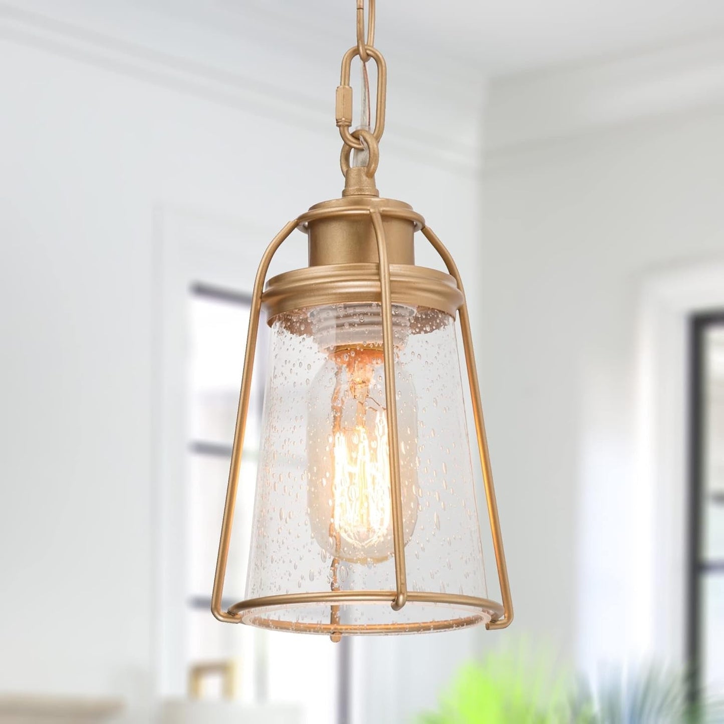 Gold Pendant Lighting, Mini Modern Hanging Light Fixture with Seeded Glass Shade for Kitchen Island, Foyer, Hallway, Bedroom and Entryway