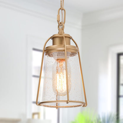 Gold Pendant Lighting, Mini Modern Hanging Light Fixture with Seeded Glass Shade for Kitchen Island, Foyer, Hallway, Bedroom and Entryway