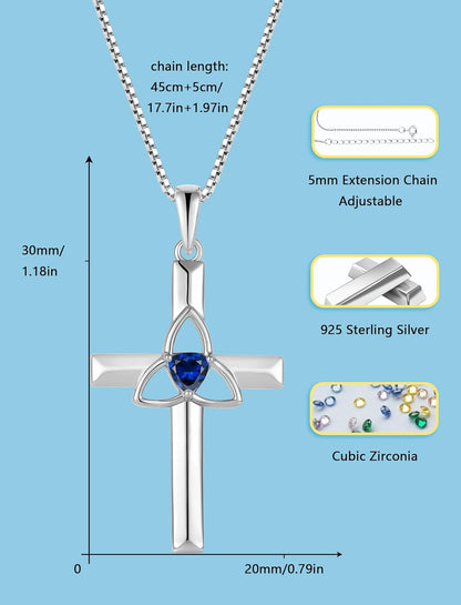 Celtic Cross Necklace for Women 925 Sterling Silver with White Gold Plated Birthstone Pendant Necklaces for Holiday Gifts