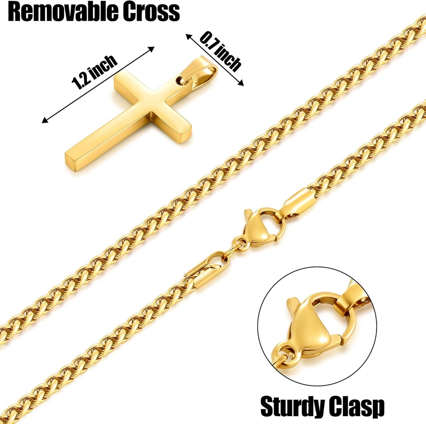 Cross Necklace for Men, Silver Tone/Gold Plated/Black Mens Cross Necklaces with 2.5Mm Chain, Stainless Steel Wheat Chain, 16-24 Inch