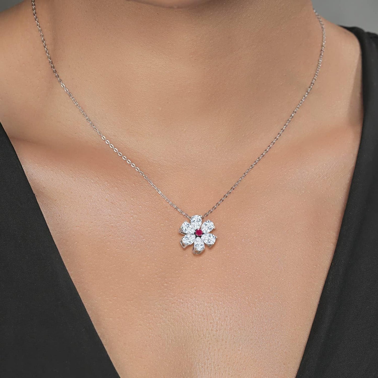925 Sterling Silver and 10K Yellow Gold Red Ruby and White Moissanite Pear Shape Flower Pendant Necklace for Women (2.46 Cttw, with 18 Inch Chain)