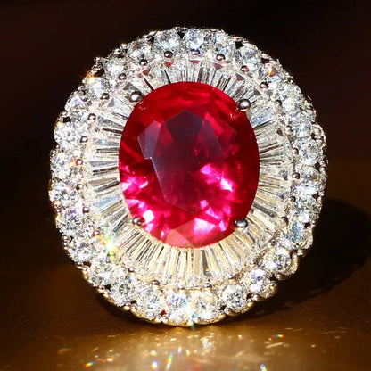 Luxurious Silver Natural Gemstones Ruby and White Sapphire Wedding Birthstone Bride Engagement Multilevel Square Ring Jewelry Size 6 7 8 9 10