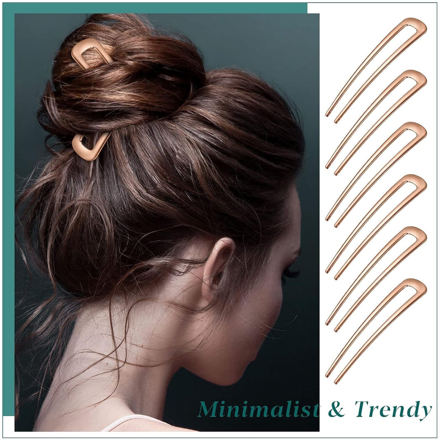 6 Pieces Hair Pins Simple Metal U Shaped French Gold Hair Fork Sticks 2 Prong Updo Chignon Pins for Women Lady Buns Accessories(Rose Gold)