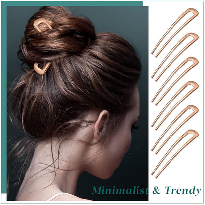6 Pieces Hair Pins Simple Metal U Shaped French Gold Hair Fork Sticks 2 Prong Updo Chignon Pins for Women Lady Buns Accessories(Rose Gold)