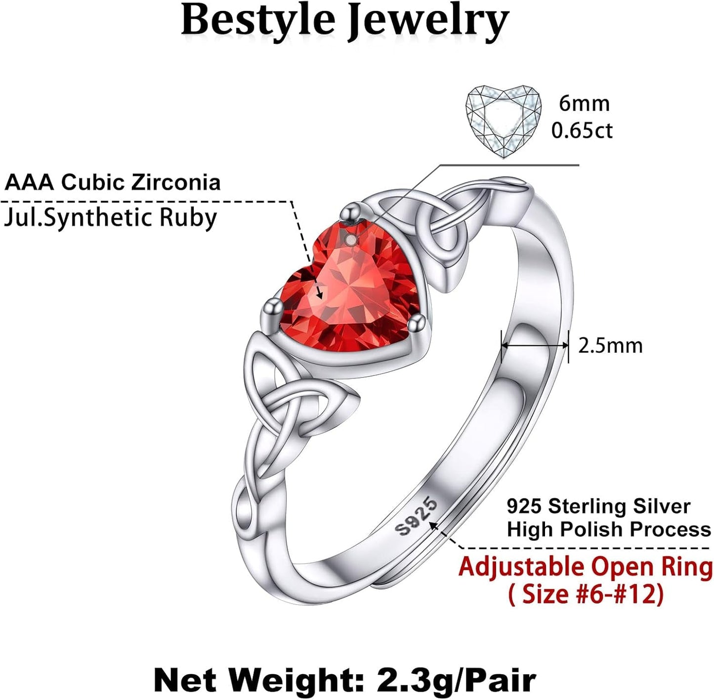 Sterling Silver Celtic/Claddagh Birthstone Ring for Women, Hypoallergenic Celtic Silver Ring for Women, Adjustable Open Silver Thumb Ring, Love Promise Ring for Her, Great Birthday Gift