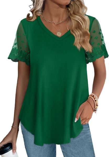 Casual V Neck T Shirts for Women Lace Short Sleeve Curved Hem Tops Loose Fit