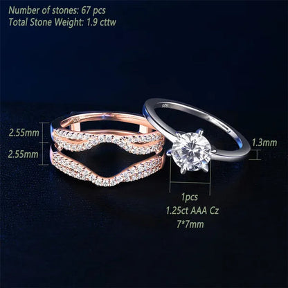 Newshe Two-tone Rose Gold 925 Silver Solitaire Brilliant Round Engagement Rings Set CZ Wedding Band For Women Jewelry Sz 4-13