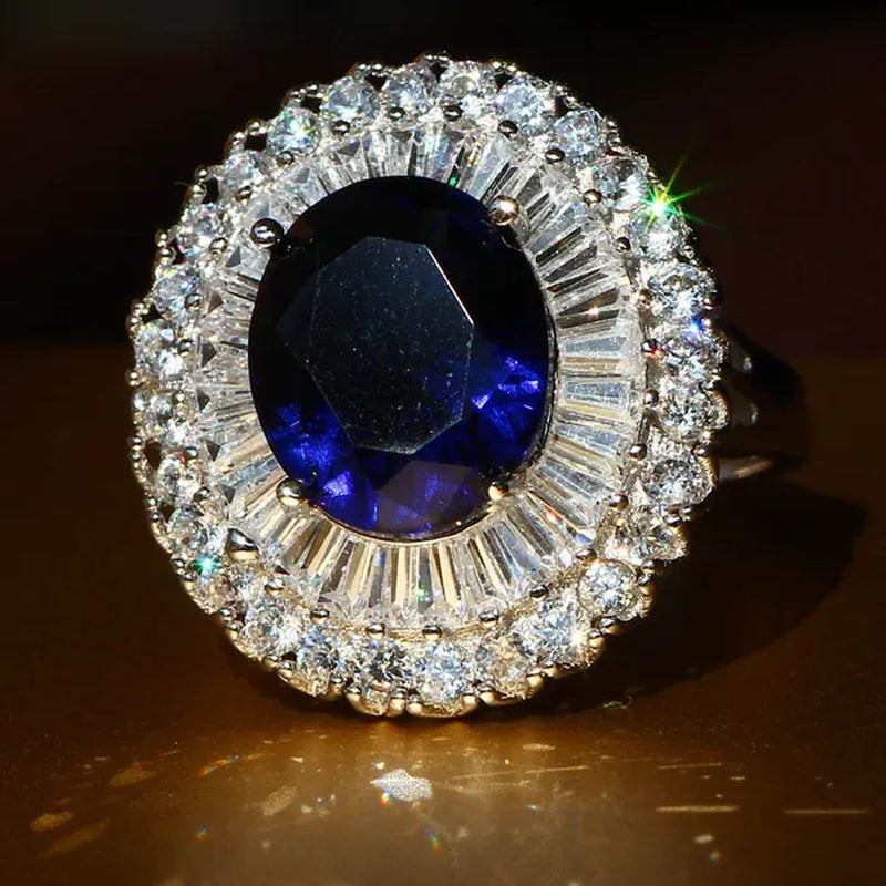 Elegant  Silver Sapphire & White Sapphire Birthstone Gemstones Engagement Wedding Anniversary Ring Size 6 7 8 9 10