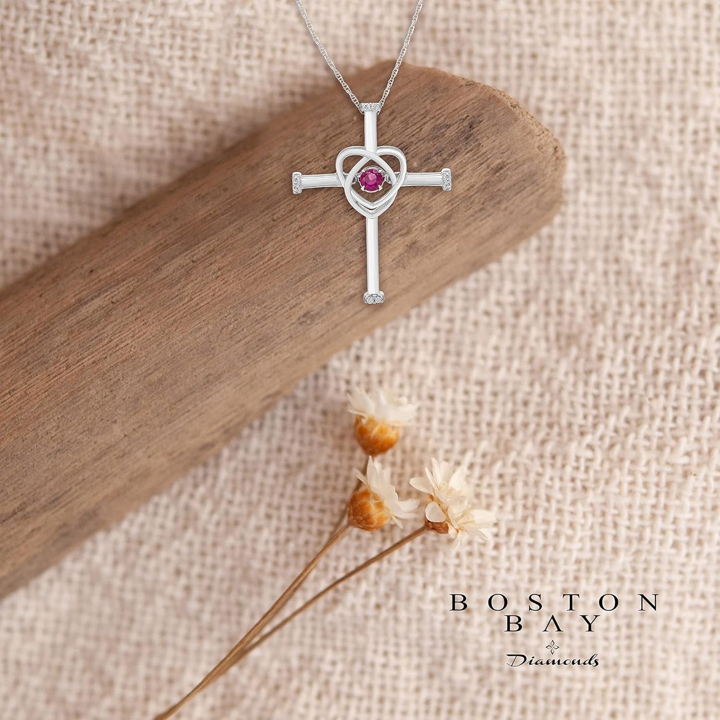 925 Sterling Silver Dancing Birthstone Gemstone & Diamond Orbit Heart Cross Pendant with 18" Rope Chain