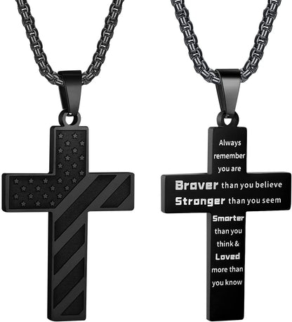 American Flag Cross Necklace for Men Stainless Steel Box Chain 22+2 Inch Inspirational Bible Verse Cross Pendant Patriotic Jewelry Personalized Christian Gift for Men - WORLD TIME VISITS