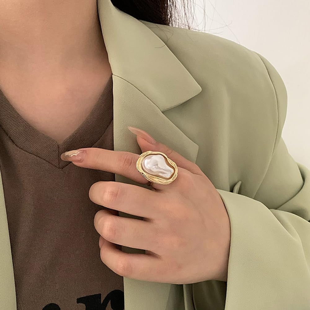 Irregular Pearl Adjustable Ring for Women, Gold Index Finger Ring Jewelry Vintage Chunky Ring