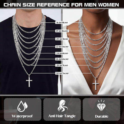 925 Sterling Silver Cross Necklace for Men Women - 5Mm Durable 316L Stainless Steel Figaro Link Chain with Beveled Edge Cross Pendant, Silver Crucifix Necklaces Jewelry, 16-30'' Christian Baptism Gift
