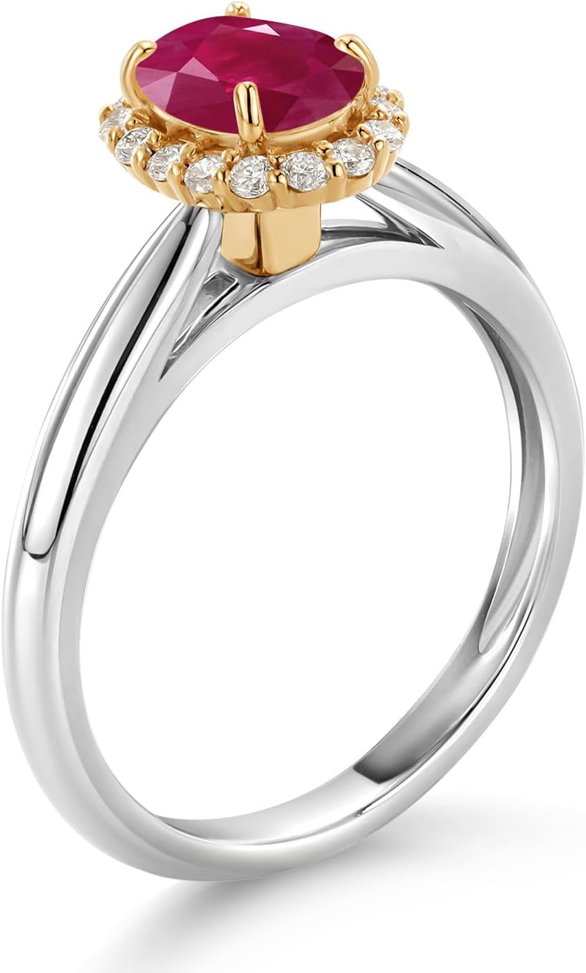 Halo Engagement Ring for Women in 10K White and Yellow Gold with 7X5MM Oval Gemstone Birthstone and White Lab Grown Diamond | Available in Size 5, 6, 7, 8, 9