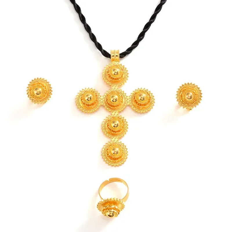 high qualityGold Color cross pendant Ethiopian Jewelry Sets Necklace Bracelet earrings ring Dubai Wedding Bride Habesha sets African Items gift