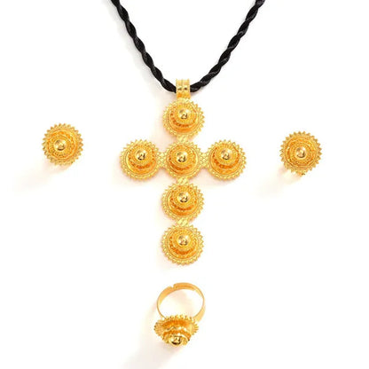 high qualityGold Color cross pendant Ethiopian Jewelry Sets Necklace Bracelet earrings ring Dubai Wedding Bride Habesha sets African Items gift