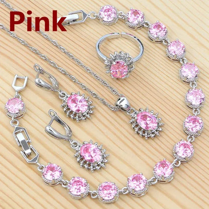 Natural Green Cubic Zirconia 925 Sterling Silver Jewelry Sets for Women Engagement Earrings Ring Pendant Necklace Set