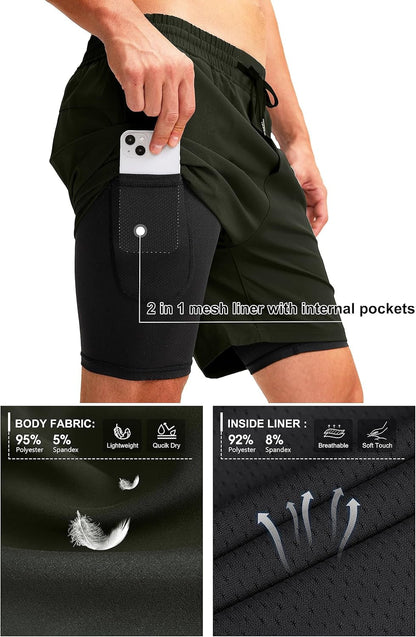Men'S 2 in 1 Running Shorts with Liner 7 Inch Training Gym Athletic Workout Shorts for Men with Zipper Pockets