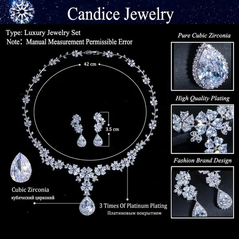 CANDICE High Quality Platinum Plating Wedding Party Costume Luxury CZ Stone Jewelry Flower Pendant Earrings Necklace Bridal Sets With Tear Drop Zirconia