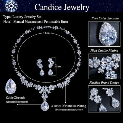 CANDICE High Quality Platinum Plating Wedding Party Costume Luxury CZ Stone Jewelry Flower Pendant Earrings Necklace Bridal Sets With Tear Drop Zirconia