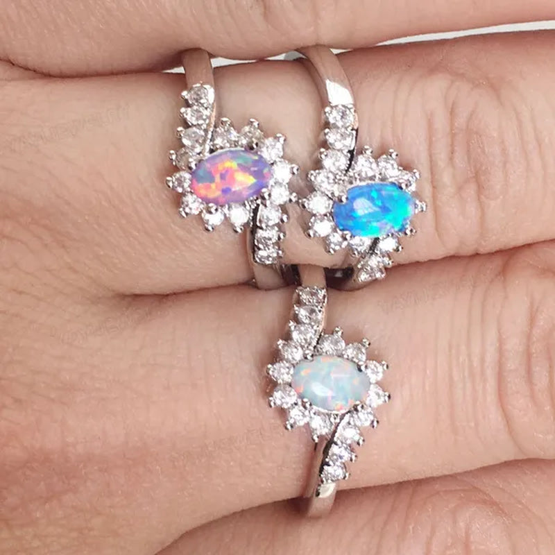 Exquisite Women'S Silver Ring Oval Cut Fire Opal Diamond Jewelry Birthday Proposal Gift Bridal Engagement Party Band Rings Size 5-12