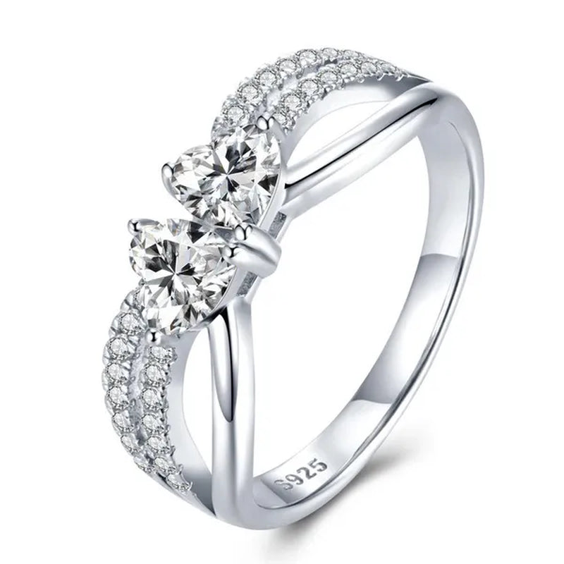 925 Sterling Silver Double Heart with Heart Moissanite Diamond Rings Wedding Enagement Courtship Ring Jewelry - WORLD TIME VISITS