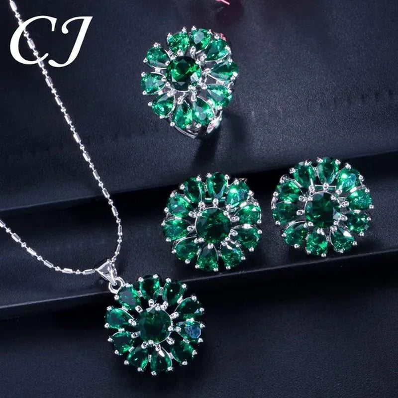 CANDICE Elegant Flower Jewelry Set Paved Green Stones Fashion Sterling Silver Plated Pendant Necklace Earrings Ring Sets - WORLD TIME VISITS