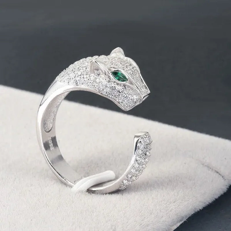 Fashion Rings Personality 925 Sterling Silver Plated Jaguar Rings with Green Rhinestone Eyes Animal